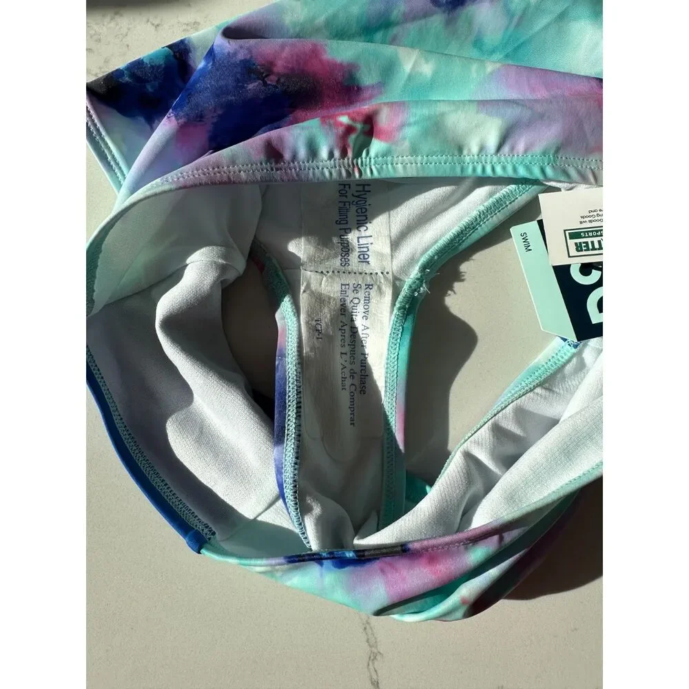NWT DSG Girls High Waist Swim Bottom Inky Overdye Cool Blue Tie Dye Size XL